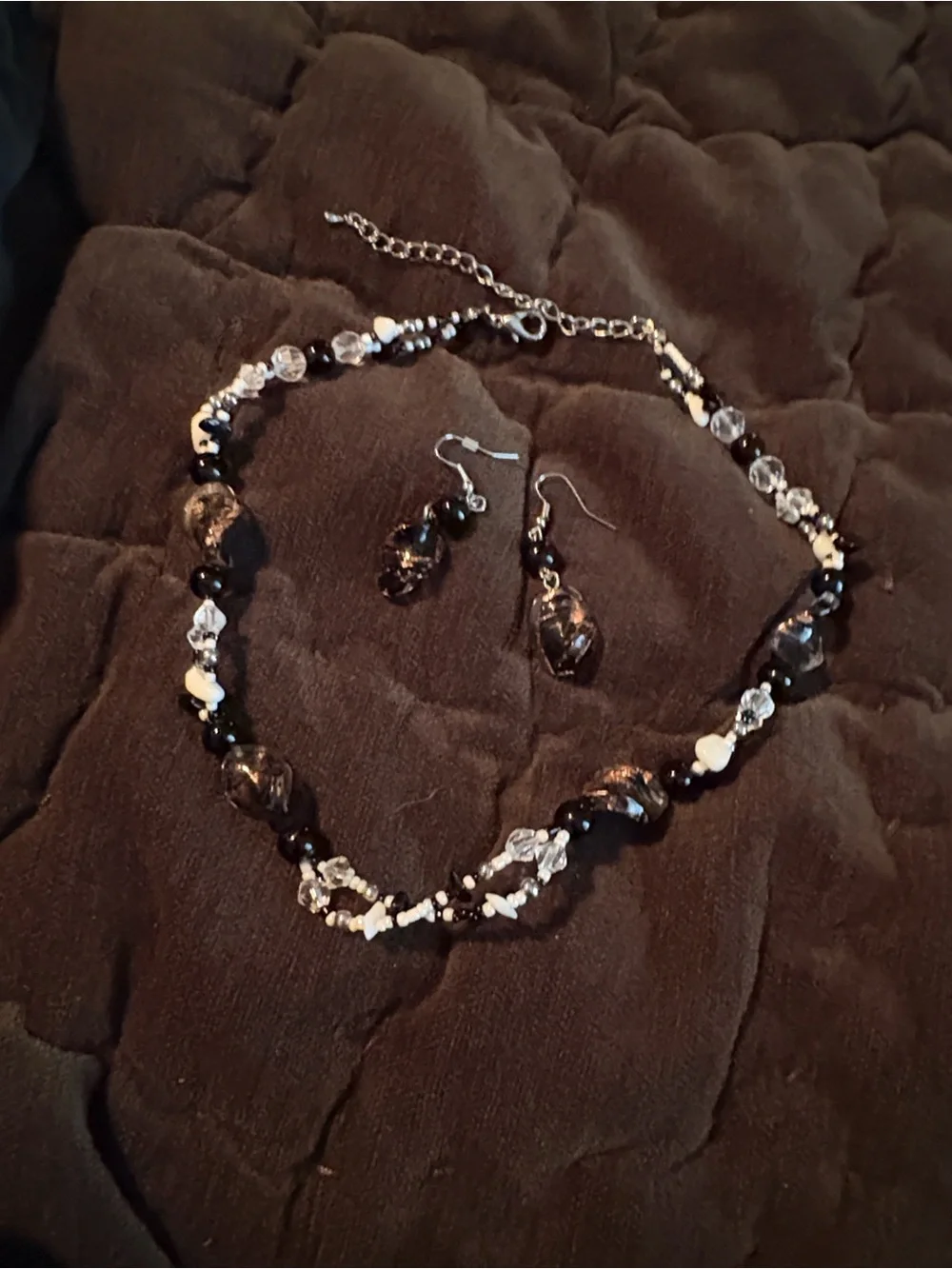 Handcrafted Black and Copper Leaf Bead Necklace with Matching Earrings